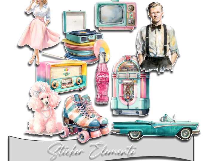 50s Stickers, Retro Diner 1950s Style, Laptop Stickers, Sticker Set