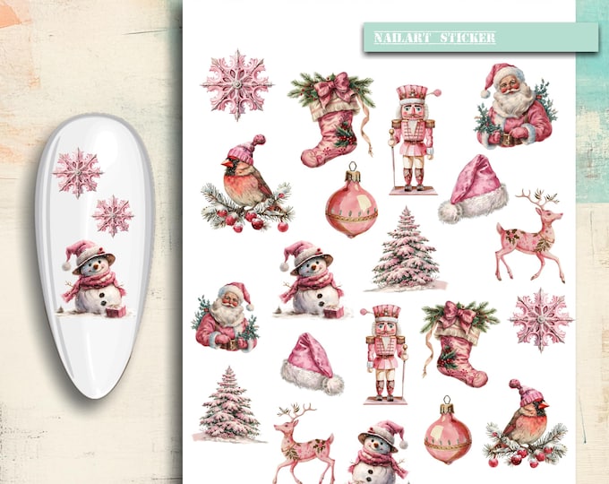 Nail art stickers Christmas, pink Christmas, elf, gnome, Christmas tree, poinsettia, winter, nail stickers, nail tattoo