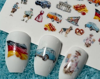 Adesivos de unhas com tema da Alemanha, decalques para unhas com água, adesivos para nail art da Oktoberfest, cerveja, pastor alemão, carros alemães.