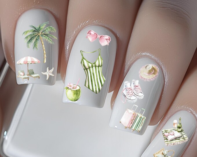 Summer Vacation Nail Stickers Beach Sun Decals Waterslide Nail Art Stickers