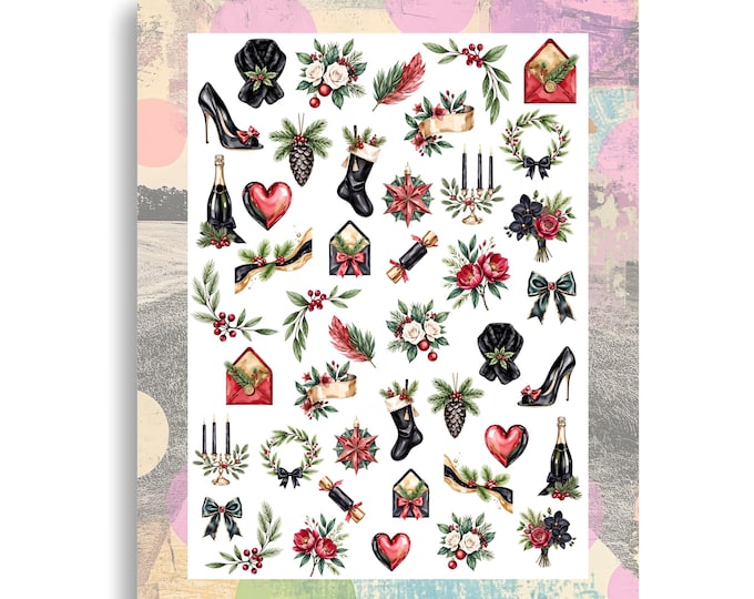 Christmas Nail Stickers / Water Nail Decals / Luxury Elegant Winter Christmas Watercolor Gold Black Festive