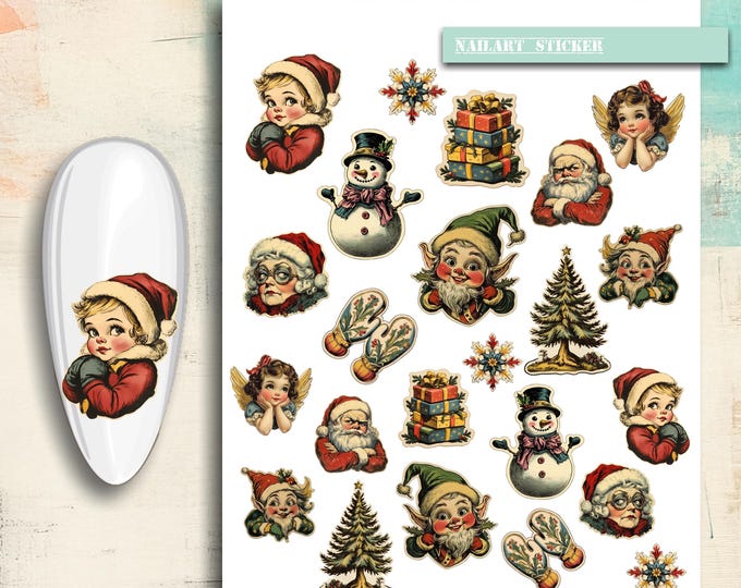 Nail art stickers Christmas, antique Christmas, elf, gnome, Christmas tree, poinsettia, winter, nail stickers, nail tattoo