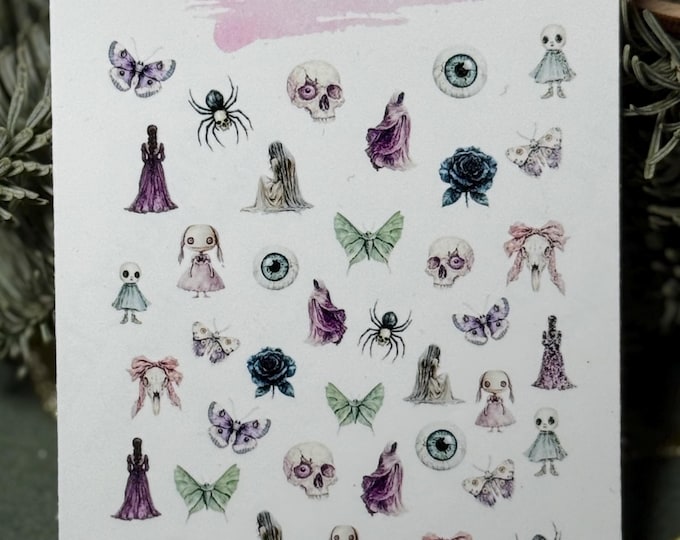 Spooky Nail Stickers, Dark Fantasy Waterslide Decals for Nails: Ghost, Skull, Spider