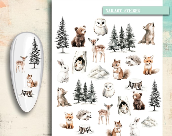 Nail stickers, nail tattoo nail art, winter, brown bear, squirrel, hedgehog, owl, nail art stickers nature, trees, fox