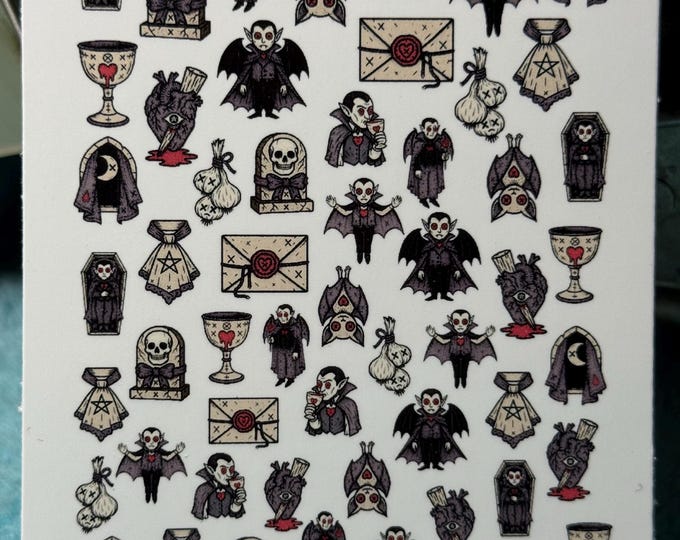Cute Gothic Dracula waterslide stickers for nails, nail art nail stickers, creepy vampires, Valentine's Day