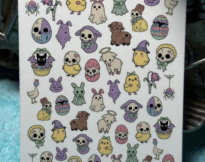 Pastel Goth Easter Nail Art Water Slide Stickers for Nails, Nail Stickers Easter Egg, Ghost, Skull, Rabbit, Bat