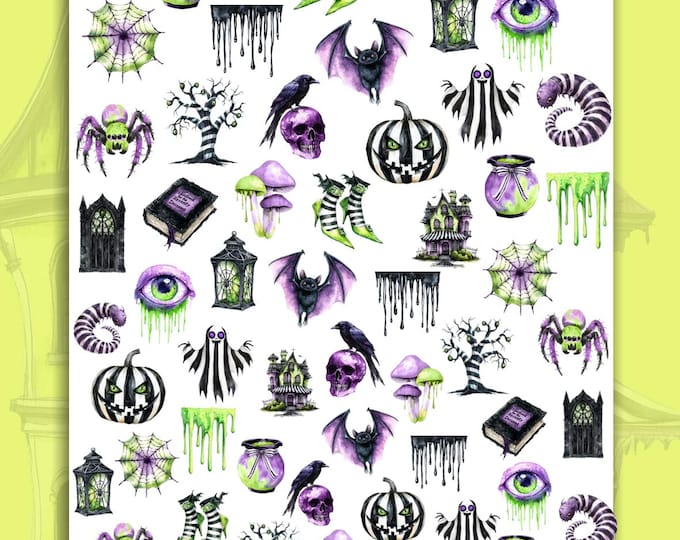 Neon Halloween Water-Slide Nail Art Stickers – Bat, Eye, and Spiderweb Designs