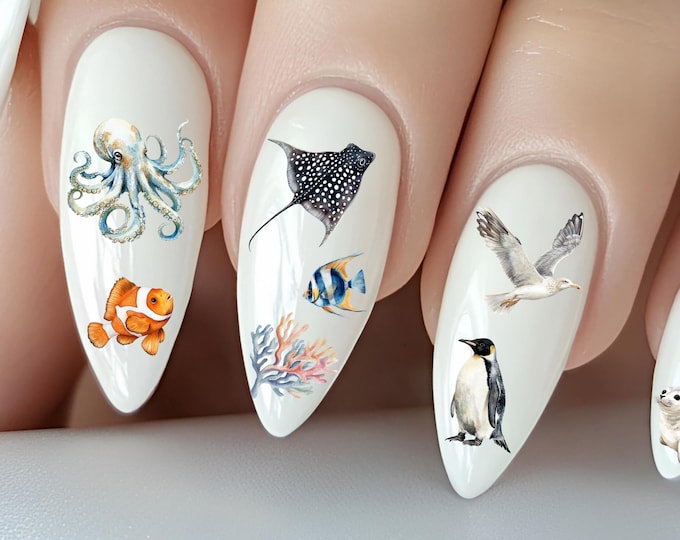 Sea creature nail stickers, waterslide decals for nails, ocean, sea, underwater, whale, dolphin