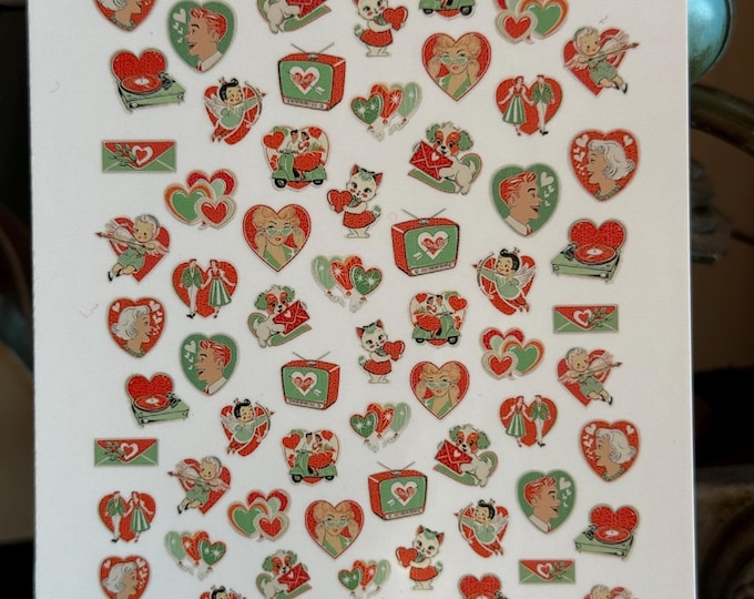 Nail Stickers, Vintage Midcentury Modern Valentine's Day, Water Slide Decal, Stickers for Nails, Retro Love