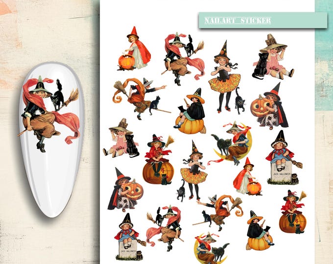 Halloween nail art, vintage nail stickers: pumpkin, cat, broomstick, owl, Halloween for kids, witch