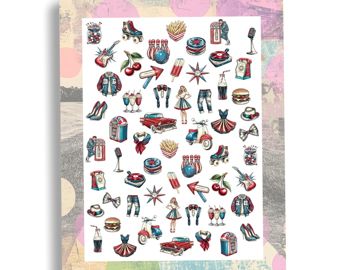 Vintage Diner Sock Hop Party Nail Stickers - Waterslide Nail Decals - Nail Art Retro Jukebox, Milkshake