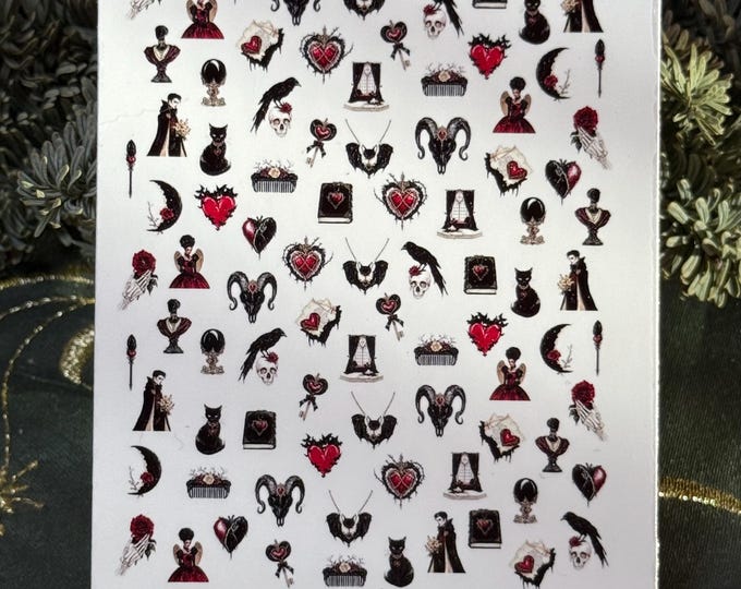 Water-slide nail stickers for nails, Gothic nail art, spooky Valentine's Day, Gothic Valentine's greeting, Romance