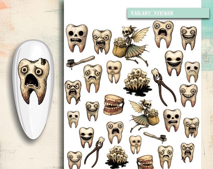 Scary Tooth Nail Stickers / Halloween / Water Nail Decals / Spooky / Nail Art / Tooth Horror / Tooth Fairy