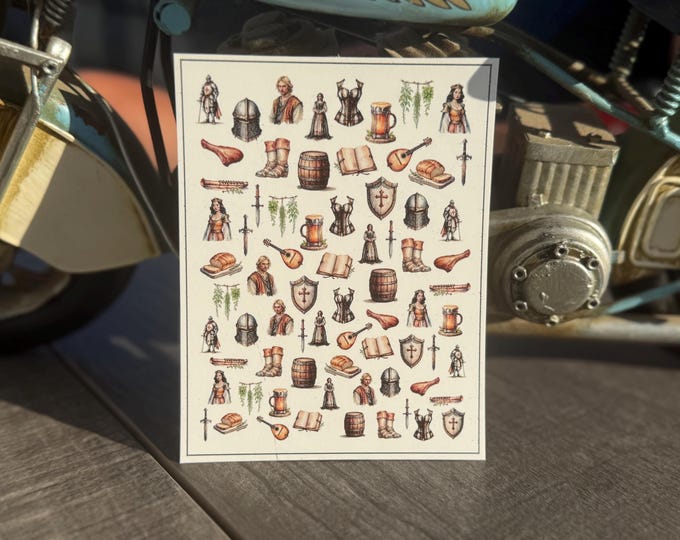 Medieval-themed water-slide nail decals featuring knights, knight's armor, and swords.