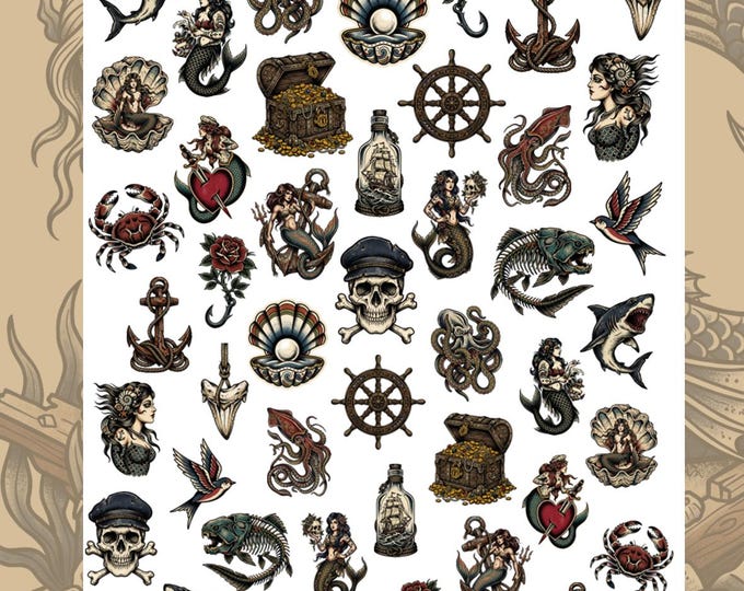 Old School Water Slide Nail Stickers, Water Slide Stickers for Nails, Nail Stickers Mermaid, Anchor, Shark, Ocean