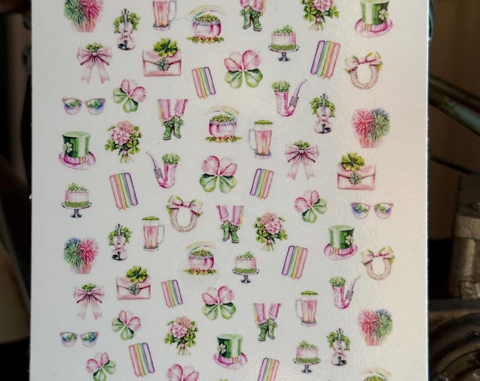 St. Patrick's Day Pink Water Slide Nail Stickers, Nail Art Shamrock, Rainbow