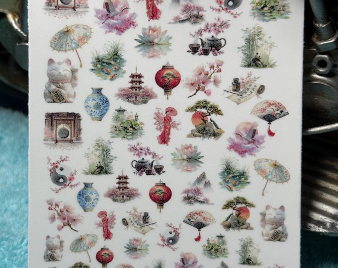 Japanese Style Nail Stickers - Nail Stickers - Water Slide Stickers - Nail Art - Water Nail Stickers - Koi Fish Lotus Flower Paper Lantern