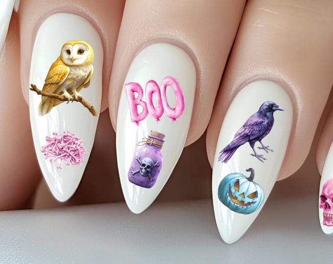 Pastel Halloween Water Nail Stickers, Water Slide Stickers for Nails, Nail Stickers Pumpkin, Ghost, Owl, Cauldron, Black Cat