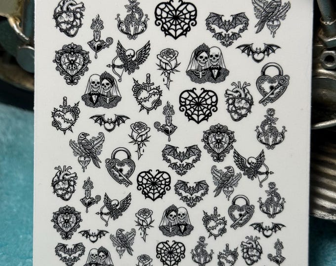Gothic Valentine's Day nail art waterslide stickers for nails, dark romantic nail stickers, skeleton