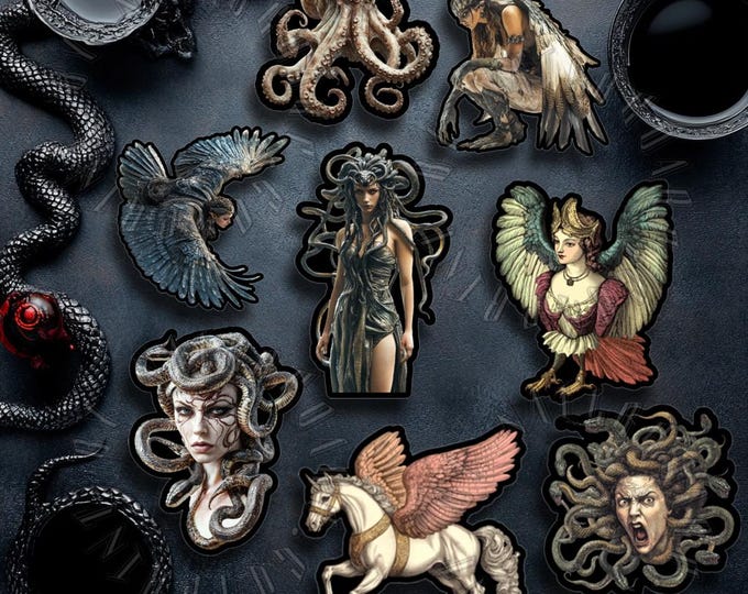 Mystical Stickers, Medusa, Harpy, Greek Mythology - Matte/Glossy Waterproof Pegasus, Octopus