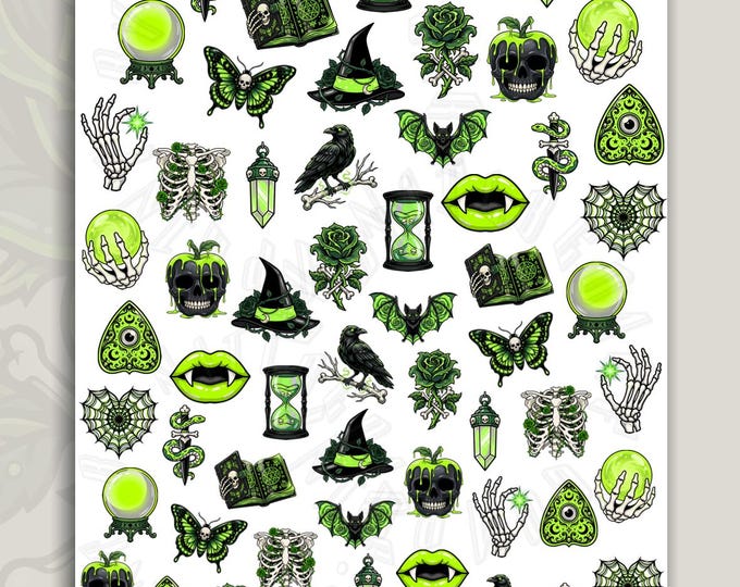 Neon Halloween Water-Slide Nail Art Stickers – Bat, Eye, and Spiderweb Designs