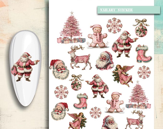 Nail art stickers Christmas, pink Christmas, elf, gnome, Christmas tree, poinsettia, winter, nail stickers, nail tattoo