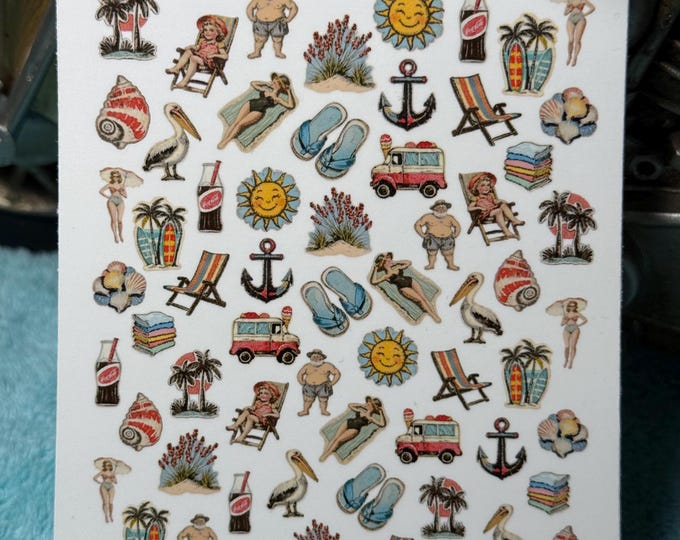 Retro Beach Water Slide Nail Stickers, Water Slide Stickers for Nails, Holiday Nail Stickers, Vintage Beach, Summer XL