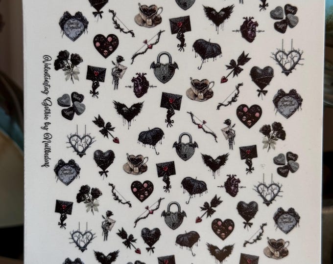2D Water Nail Stickers Dark Valentine's Day, Nail Stickers, Gothic Romance Nail Art Black
