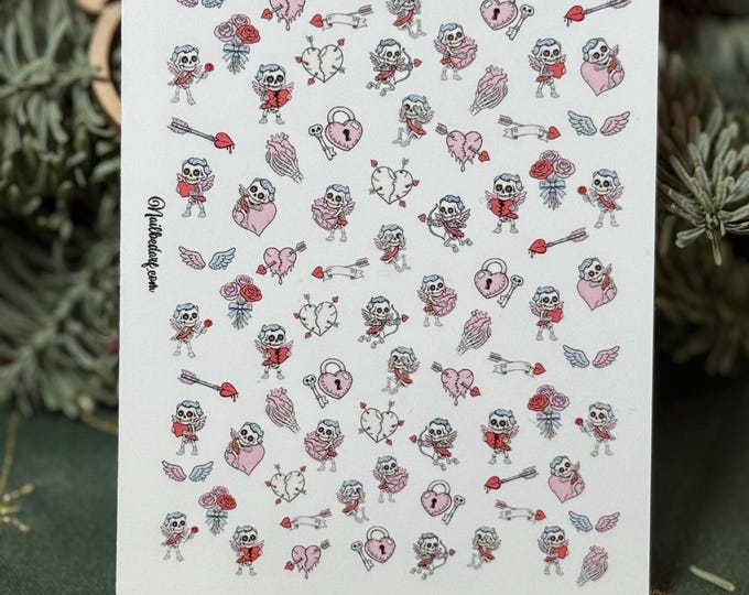 2D Nail Stickers Sweet Love Gothic Valentine's Day Water Slide Stickers for Nails, Nail Art Dark Romance, Creepy, Skeleton