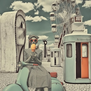 Poster vintage anni '50, ritratti con stampa di gelato, arte murale di gelato, arte fotografica, donna con gelato, Vespa