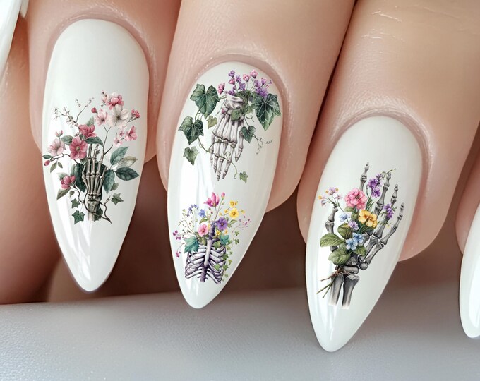 Floral Gothic Skull Water Nail Stickers – Water Decals for Nails: Bones, Ivy, Flowers, and Floral Vines