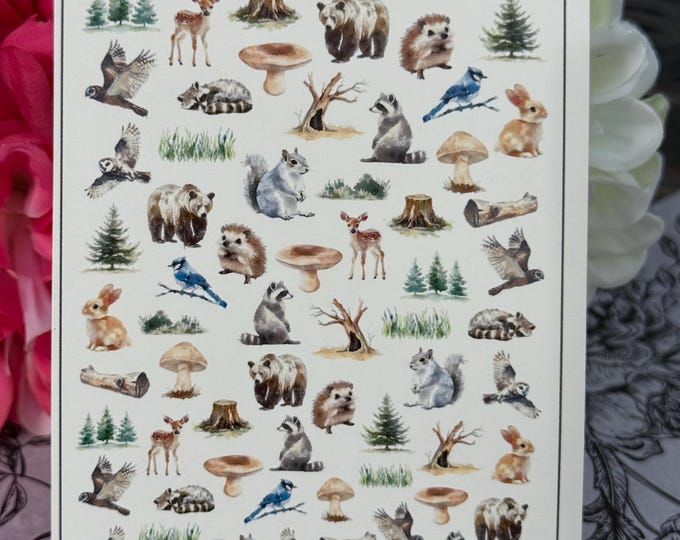 Forest Animal Nail Art Stickers / Water-Slide Decals – Forest, animals, hedgehog, tree trunk, mushroom, grass