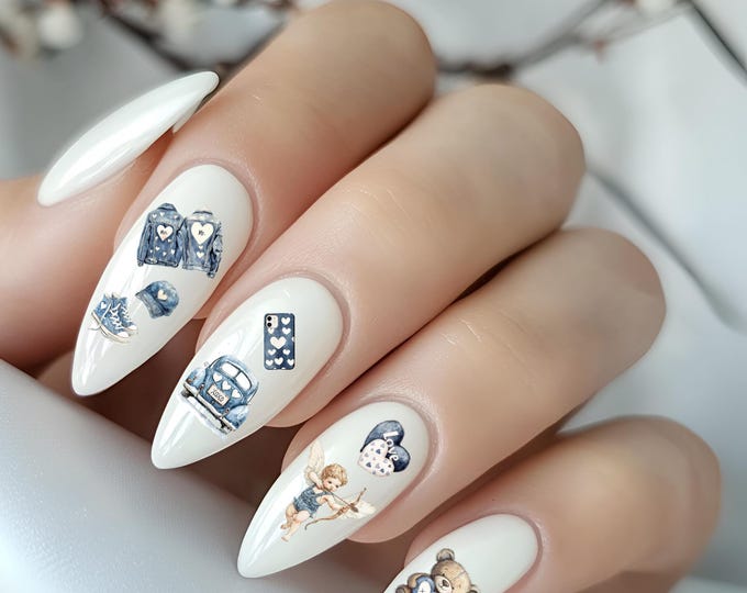 Valentine's Day nail art, nails, love, denim, romantic fingernails, waterslide foil nail design, affection