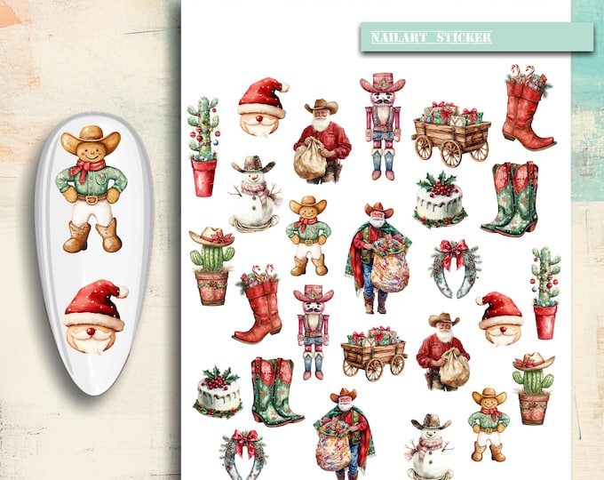 Cowboy Christmas Nail Stickers / Water Nail Decals / Rancher Nail Art / Cowboy Boots, Snowman with Cowboy Hat