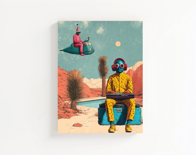 Surreal Christmas Desert Poster, Man on the Moon, Color Poster, Wall Art, Art Print, Wall Poster