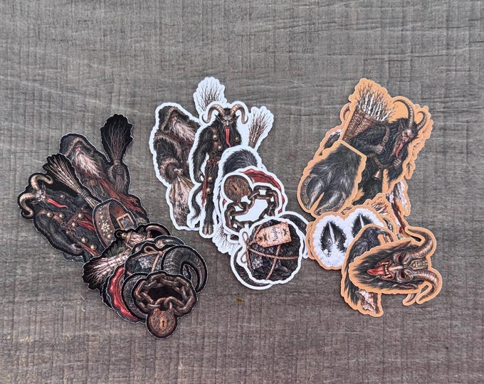 Krampus & St. Nicholas Sticker Set – Featuring Krampus, St. Nicholas, bells, and birch twigs; available in 3 color variations.