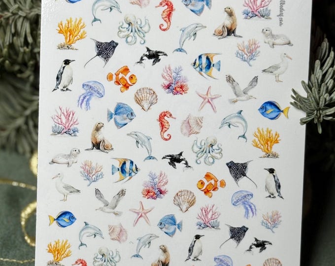 Sea creature nail stickers, waterslide decals for nails, ocean, sea, underwater, whale, dolphin