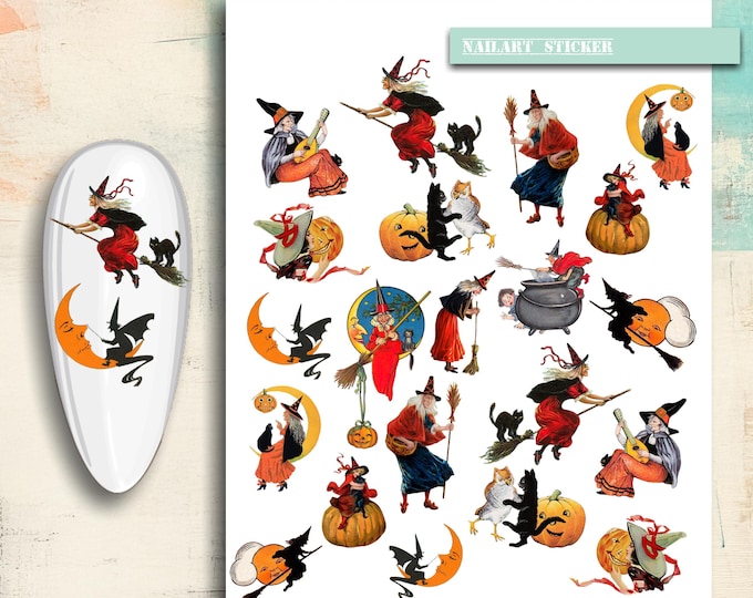 Halloween nail art, vintage nail stickers: pumpkin, cat, broomstick, owl, Halloween for kids, witch
