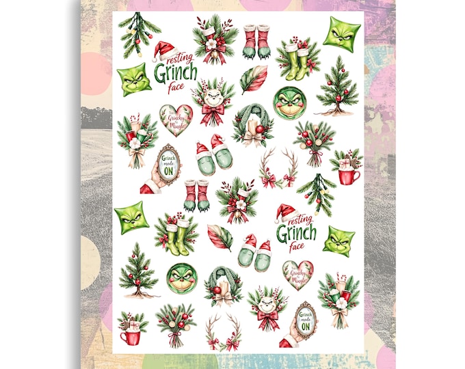 Christmas Nail Stickers / Water Nail Decals / Funny Christmas Winter Watercolor Green Red Sayings Green Christmas Monster