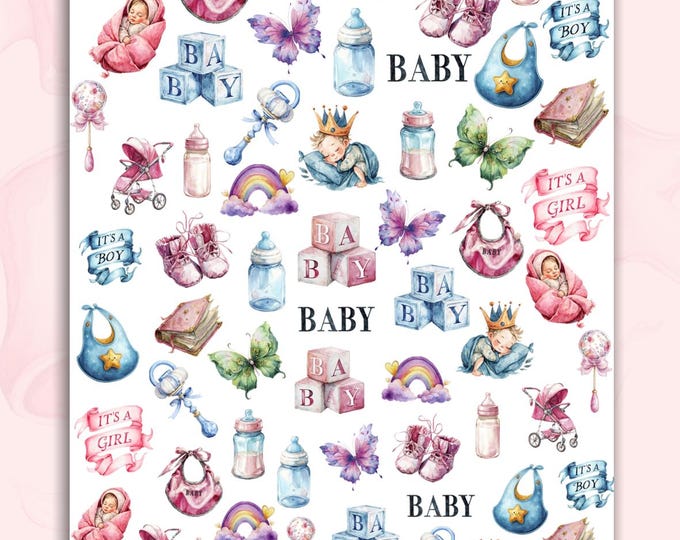Baby-Themed Water-Slide Nail Art Stickers – Designs include boy, girl, stroller, rainbow, and rattle.