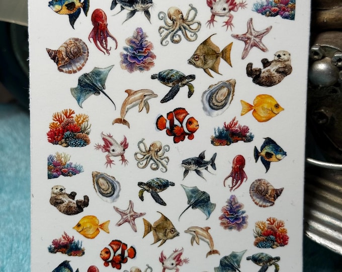Marine Animals Water Nail Stickers, Water Slide Decals, Nail Art Stickers: Axolotl, Sea Otter, Shell
