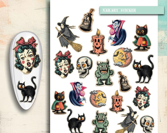 Nail Stickers / Halloween / Water Nail Decals / Spooky / Nail Art / Ghost / Bat / Retro