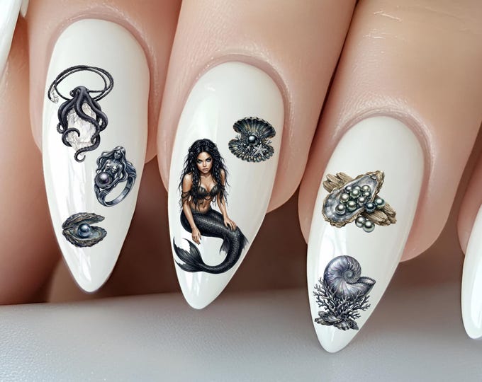 Black Pearl Water Nail Stickers – Water Decals for Nails – Witch, Mermaid, Gothic Ocean Goddess