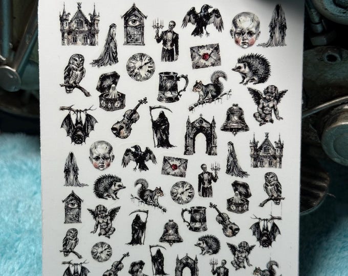 Dark Gothic nail art waterslide stickers for nails, skull nail stickers, occult, Victorian