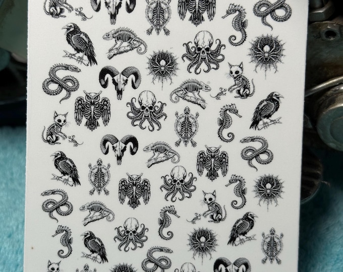 Skeleton Gothic Nail Art Water Slide Stickers for Nails, Gothic Seahorse and Bat Nail Stickers