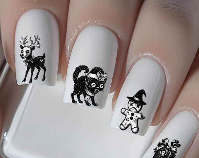 Gothic Christmas Nail Stickers - Waterslide Nail Art - Black Horror Skull Santa Art - Creepy