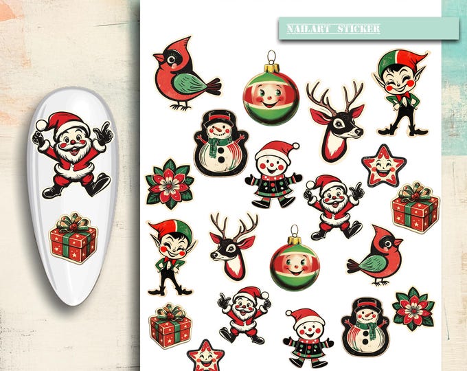 Nail art stickers Christmas, retro Christmas time, snowman, elf, Christmas tree, poinsettia, winter, nail stickers, nail tattoo