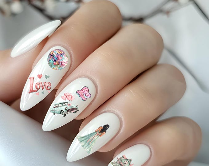 Valentine's Day Nail Art, Retro Valentine's Day, Romantic Waterslide Nail Design