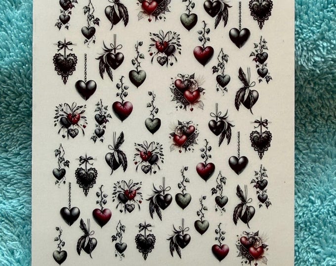 Hanging Gothic Hearts Water Slide Nail Stickers, Nail Art Stickers Valentine's Day, Hanging Hearts Black