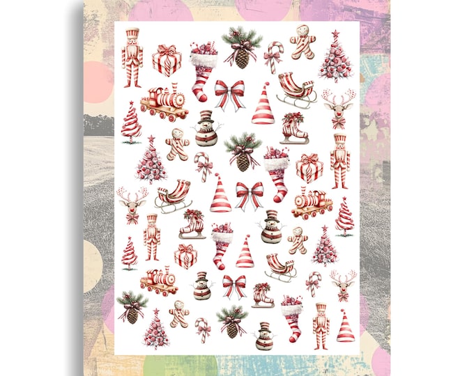 Christmas nail stickers | Water-slide tattoo nails | Candy cane locomotive nutcracker snowman nail design
